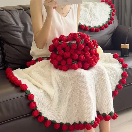 كروشية مفرش بوكيه الورد / شال الورد قطر 100 سم هاند ميد